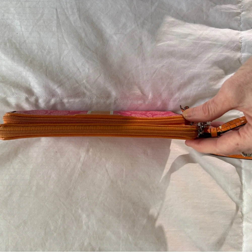 Coach Signature Stripe Double Zip Wristlet | Orange and Pink - Picture 11 of 15